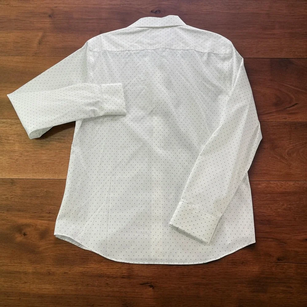 Banana Republic Mens M Untucked Fit Non-Iron Cotton Dash Print Shirt White Navy